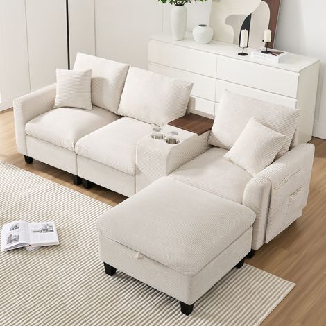 Canapé d'angle L 4 places avec console, ports USB, porte-gobelets, tissu corduroy beige HAVRYA (1/5)