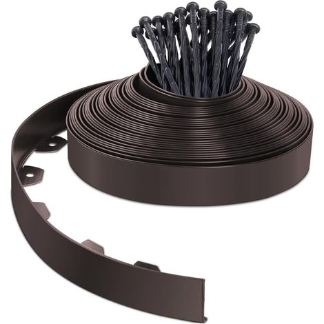 Bordure de jardin en plastique de 20 mètres (avec 40 poteaux d'ancrage) – Bordure de gazon flexible  50 mm de haut, marron.