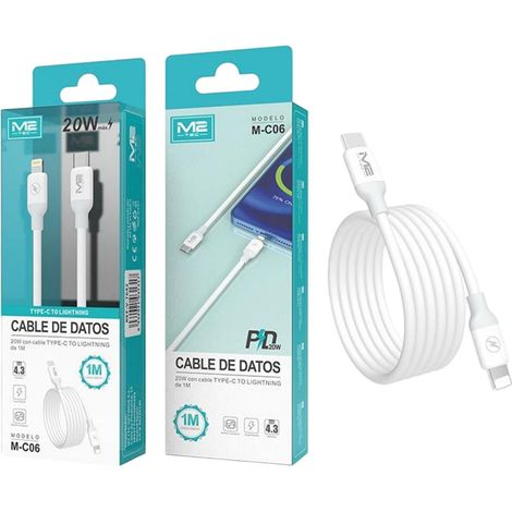 Câble USB-C vers Lightning M2 TEC, charge rapide PD 20 W, 1 m + transfert de données - Blanc
