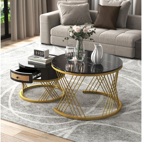 table salon ronde gigogne rangement double MDF noir et or OKMYHOME (1/5)