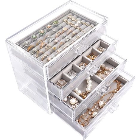 1 Boîte à bijoux acrylique, 4 tiroirs amovibles, organisateur transparent, compartiments ajustables, rangement collier bague boucle d'oreille (1/5)