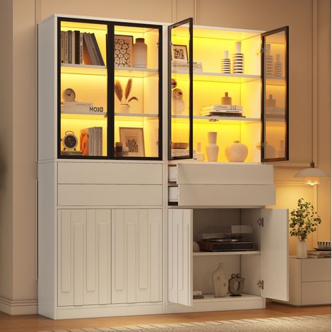 MODFU – Set di 2 vetrine 70x34x180 cm bianco opaco con LED Bluetooth, 2 cassetti e ante in vetro – Bianco (1/5)