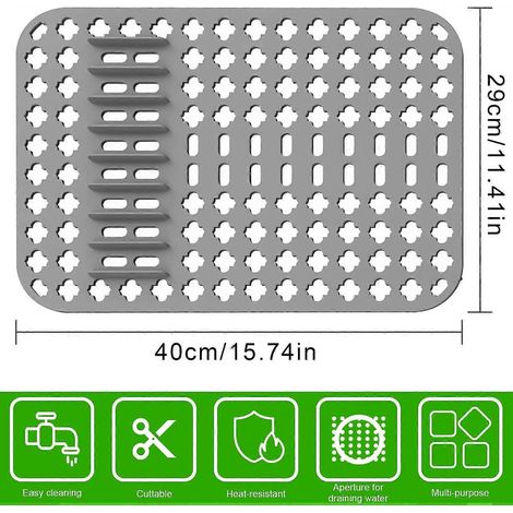 Tapis de protection d'évier en silicone (1 pièce) pour la cuisine, 40 x 29 cm, pliable et résistant à la chaleur, pour la vaisselle et l'évier (gris) (1/4)