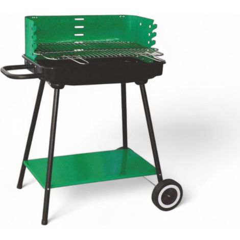 Barbacoa rectangular con ruedas parrilla regulable cuatro posiciones acero cromado altura de cocción 68 cm campana raichte
