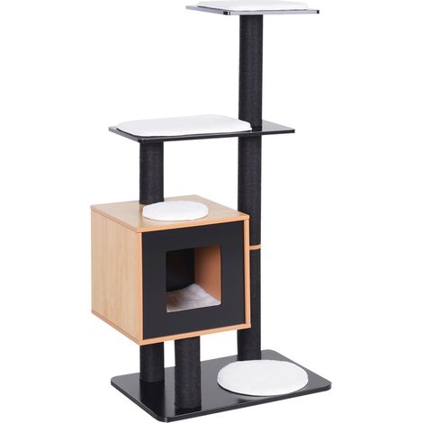 Arbre à chat moderne avec griffoirs en sisal naturel, centre d'activités, plateformes, niches, boules suspendues, jeu 71,5 x 49,5 x 120 cm, MDF noir hêtre (1/5)