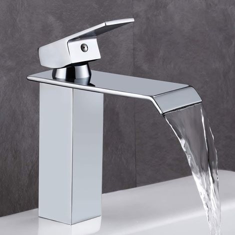 Grifo para lavabo de baño, grifo de lavabo de baño en cascada de latón cromado de estilo moderno, válvula de cerámica, diseño rectangular aplanado para un ahorro de agua del 30%. (1/5)