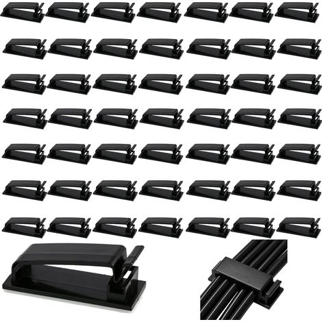 50 Clips Auto-adhésifs pour Câbles, Organiseur de Câbles en Plastique, Gestion des Câbles pour TV, PC, Ordinateur Portable, Câble Ethernet, Bureau, Maison, Noir (1/5)