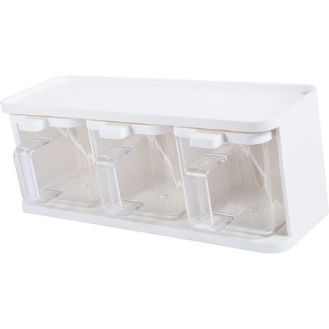 Boîte à condiments transparente en plastique à 3 compartiments avec poignée et cuillère pour épices, sel et sucre (1/5)