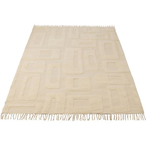Tapis laine écru à lignes abstraites toucher doux et élégant - Écru naturel lignes texturées (1/4)