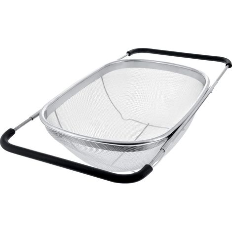 Passoire ovale en acier inoxydable, pose sur évier, panier égouttoir à mailles fines 6 litres, poignées extensibles en caoutchouc, pour rincer, égoutter et filtrer fruits et légumes (1/5)