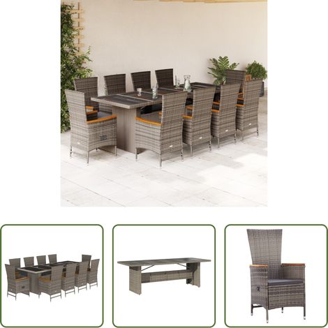 vidaXL Liegestuhl - 11-tlg. Garten-Essgruppe mit Kissen Grau Poly Rattan (1/5)