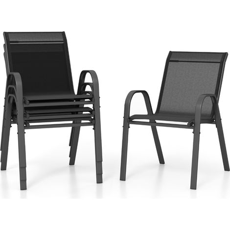 Set di 4 sedie da patio impilabili in metallo con braccioli, Sedie da pranzo in tessuto traspirante Nero (1/4)