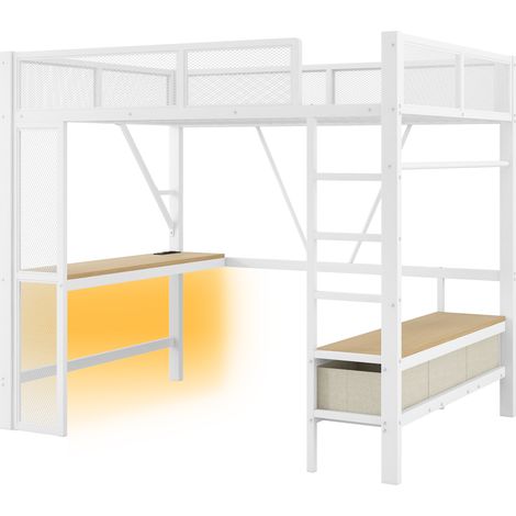 Letto a soppalco in metallo 140 x 200 cm bianco con scrivania, LED, vano aperto e 3 cassetti (1/5)