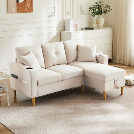 Sofá rinconera de 3 plazas con chaise longue, almacenaje, portavasos, 2 cojines, beige DESVIAE (1/5)