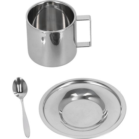 Ensemble de 3 Tasses à Café Isolées en Acier Inoxydable Double Mur avec Soucoupe et Cuillère (280ML) – Pour Café, Thé, Milk – Design Élégant, Cadeau Idéal (1/5)