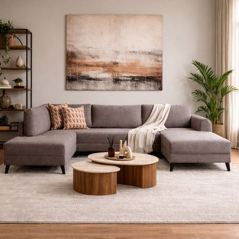 Schlafsofa Taupefarbener Stoff – U-Sofa – XXL 300 x 202 x 152 cm