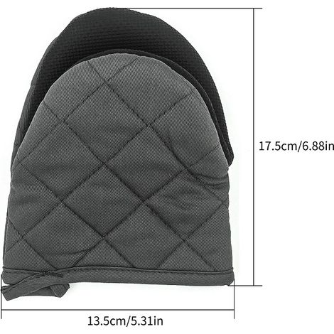Mini guanti da cucina in neoprene, resistenti al calore fino a 150 °C (300 °F), con superficie antiscivolo e anello per appenderli. Guanti in cotone grigio. (1/4)