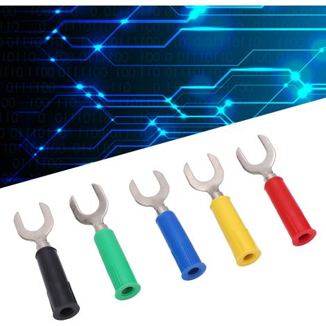 4-mm-Stecker am Ende, rot, schwarz, gelb, blau und grün, verkauft im Zweierpack (J.20020). Vernickelte Kupfer-Bananenstecker mit PVC-Beschichtung, Y- und U-Typ, 8 mm. (1/5)