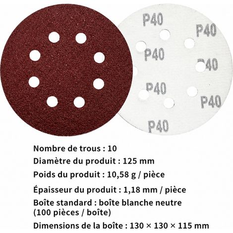 Disque abrasif auto-agrippant 125 mm 8 trous grain 40 rouge 40 125mm 13 × 13 × 11,5 cm 11 g – Livraison gratuite