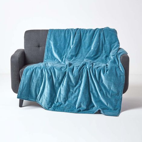 HOMESCAPES Wattierte Samtdecke blau – Tagesdecke Baumwollsamt, 125x150 cm