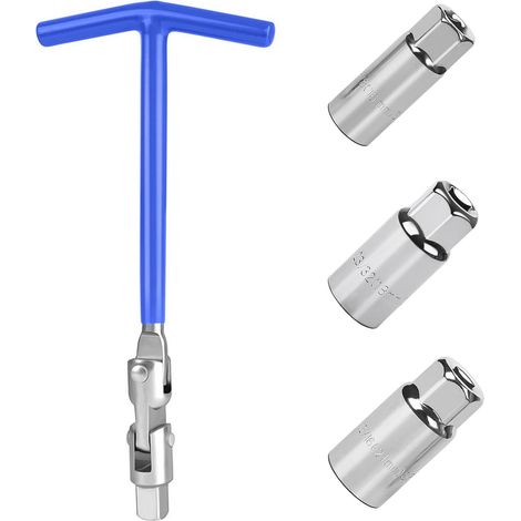 Clé à bougie d'allumage universelle - 16 mm/18 mm/21 mm - Outil de retrait de bougie d'allumage - Clé à douille en T pour voiture et moto - Outil de retrait de bougies d'allumage (bleu) (1/5)