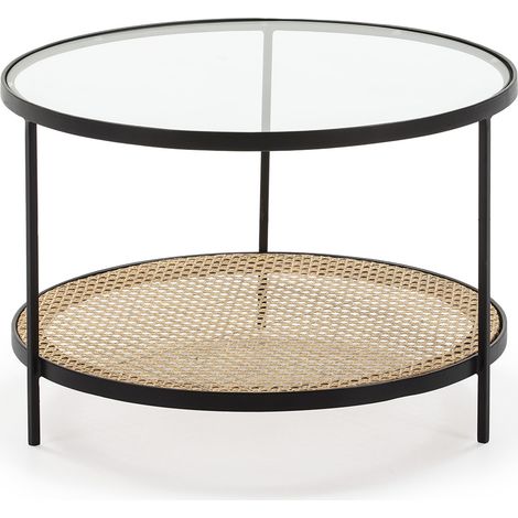 Table basse 66x66x45 Verre/Rotin/Métal noir (1/4)
