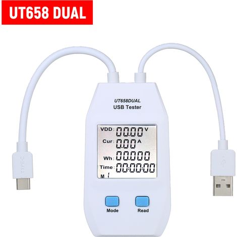 Wattmètre USB à écran LCD testeur détecteur USB voltmètre ampèremètre testeur numérique de capacité de puissance (UT658-Dual) (1/2)