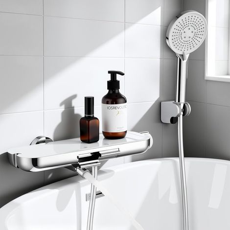 Aihom – Badewannenarmatur mit Handbrause – 360° drehbarer Auslauf – große Glasablage 370 × 120 mm – 3-Funktions-Handbrause – 1,5 m PVC Schlauch (1/5)