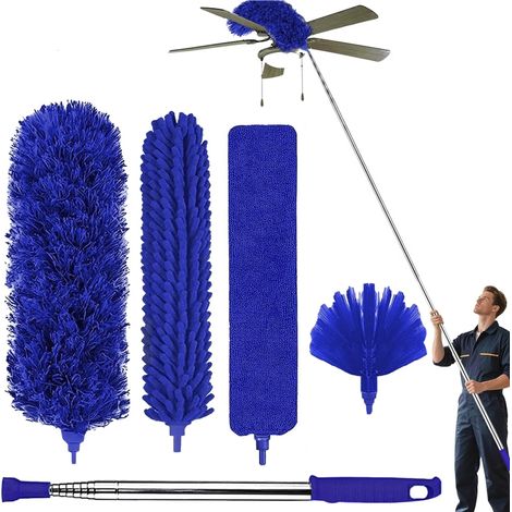 Plumeaux nettoyage toiles araignée avec manche extensible, pour ventilateur plafond, microfibre extensible pales, bleu (1/5)