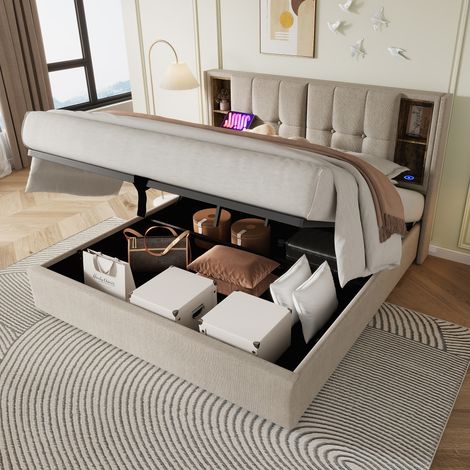 Polsterbett 140x200 mit Stauraum und Bettkasten, Doppelbett mit Kabellosem Laden & USB C, Bettgestell aus Leinen Natur mit Holzlattenrost (1/5)