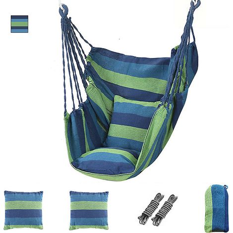 Chaise hamac balançoire avec maille tricotée à la main, adaptée pour intérieur et extérieur, cour, avec oreiller 300 x 100 cm (1/5)
