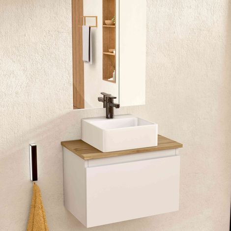 BELLOBATH – Hängender Badezimmerschrank mit quadratischem Keramikwaschbecken und Spiegel, Badezimmerschrank mit Waschbecken und 1 Schublade, 49,5 x 32 x 30 cm, Möbel in Weiß/Eiche