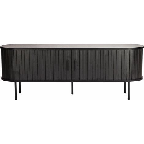 Meuble TV Bas Noir Design Scandinave avec Portes Coulissantes Aspect Lamelles et Pieds Métal - PANGIVO (1/5)