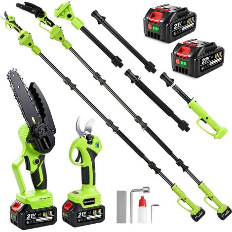 Mini motosierra 6 pulgadas y tijera de poda eléctrica 30 mm, juego de herramientas jardinería 4 en 1 con pértiga extensible 2 m y 2 baterías 4000 mAh (1/5)