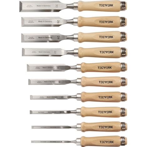 TECWERK Stechbeitelsatz 6,8,10,12,16,20,22,24,26,30mm Weißbuchenh.Ulmer Form Krt. TW