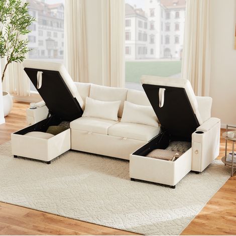 Sofá cama en U 272x131x84 cm beige en chenilla y pana con almacenaje y portavasos (1/5)