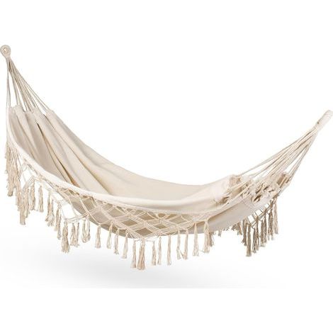 Hamac 200 x 150 cm, jusqu'à 200 kg, hamac double d'extérieur pour 1 à 2 personnes, en coton style bohème, idéal pour le jardin, le balcon ou la terrasse. Hamac respirant pour adultes, beige. (1/5)