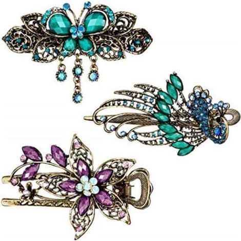 Lot de 3 pinces à cheveux pour femme - Pinces à cheveux - Pinces à cheveux - Vintage - Fleur - Papillon vert - Paon vert (1/5)