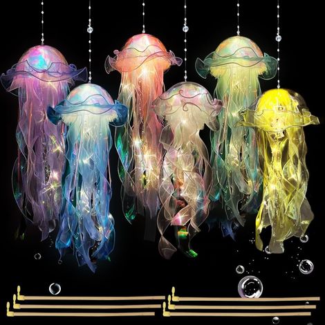 Lot de 6 Lanterne Méduse à Suspendre, PVC et Voile, Lumineuse avec Rubans, Décoration Fête Océan Enfant (1/5)