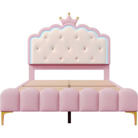 Lit rembourré, 140 x 200 cm, avec sommier à lattes (sans matelas), éclairage d'ambiance avec télécommande, forme de couronne de princesse, matériau PU, rose (1/5)