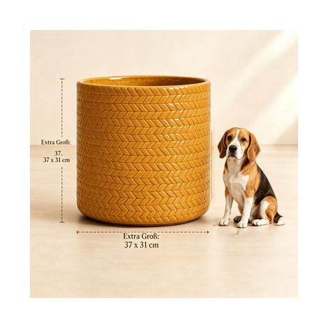 Set di piante in ceramica fatte a mano, 1 pezzo (Ø37cm), giallo grano lucido, con rilievo rotondo a forma di fetta di pesce, traspirante, resistente al gelo, con fori interni, per balcone e giardino (1/5)