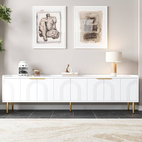 Meuble TV bas 170 cm, portes en relief et passe-câble, MDF et métal, salon moderne, blanc (1/5)