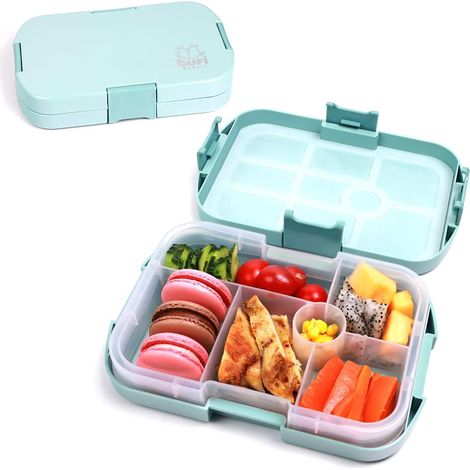 Boîte à bento pour enfants à 6 compartiments, joint en silicone bleu, 4 clips, environ 910 ml, anti-fuites, idéale pour l'école et la maternelle, 1 boîte (1/5)