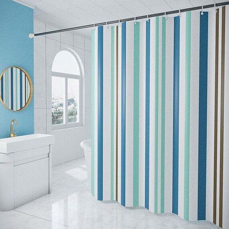 180 x 200cm Rideau de Douche avec 12 Crochets Séchage Rapide(rayures bleues), Tissu Polyester Imperméable Lavable en Machine, Rideaux Salle de Bain (1/4)