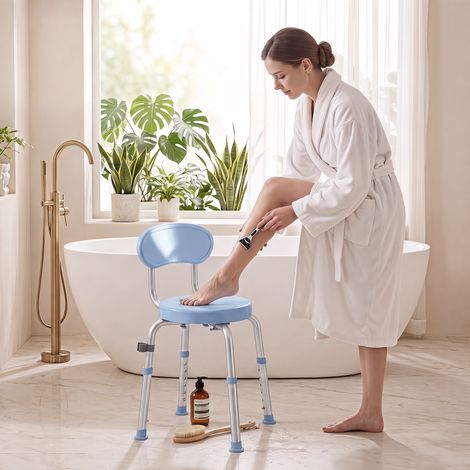 Tabouret de douche pivotant 360° - Bleu - Hauteur réglable 5 niveaux - Chaise de douche pour seniors, salle de bain - Design pratique et sécurisé - Gain de place (1/5)