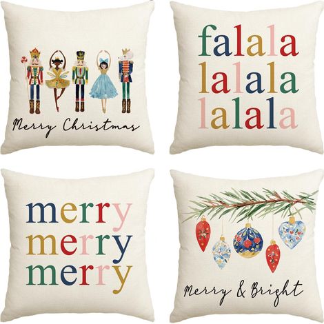 Fundas de cojín Cascanueces Feliz Navidad, 45 x 45 cm, decoración para sofá para las fiestas navideñas (juego de 4) (1/5)