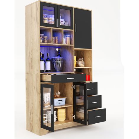 Vitrina de Cocina Alta con Puertas de Cristal, Cajones, Estantes Ajustables, LED y Enchufes, en MDF 100x40x185 cm (1/5)