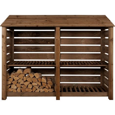 Slatted wooden log store with kindling shelf W-227cm, H-180cm, D-88cm - brown finish