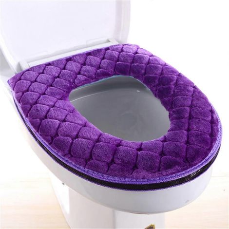 Housse de siège de toilette douce avec fermeture éclair, tapis de bain universel lavable en peluche, violet (1/5)