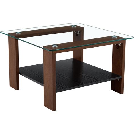 Table basse moderne avec plateau en verre trempé et pieds en bois de noyer 65x41x45,5 cm (1/5)